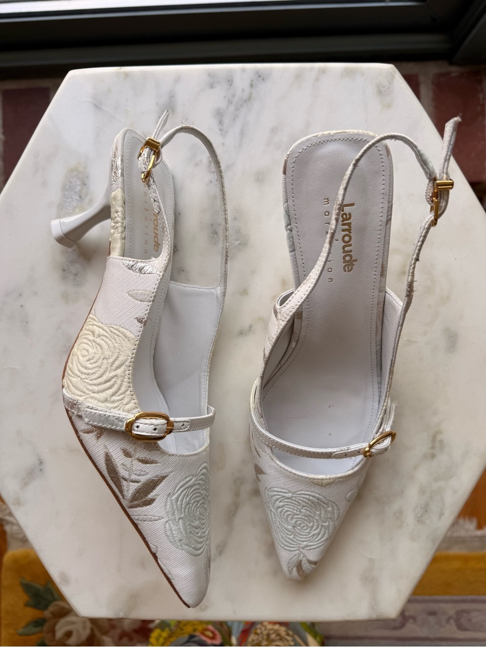 Larroude White Embroidered Slingback Heels with Gold Buckles